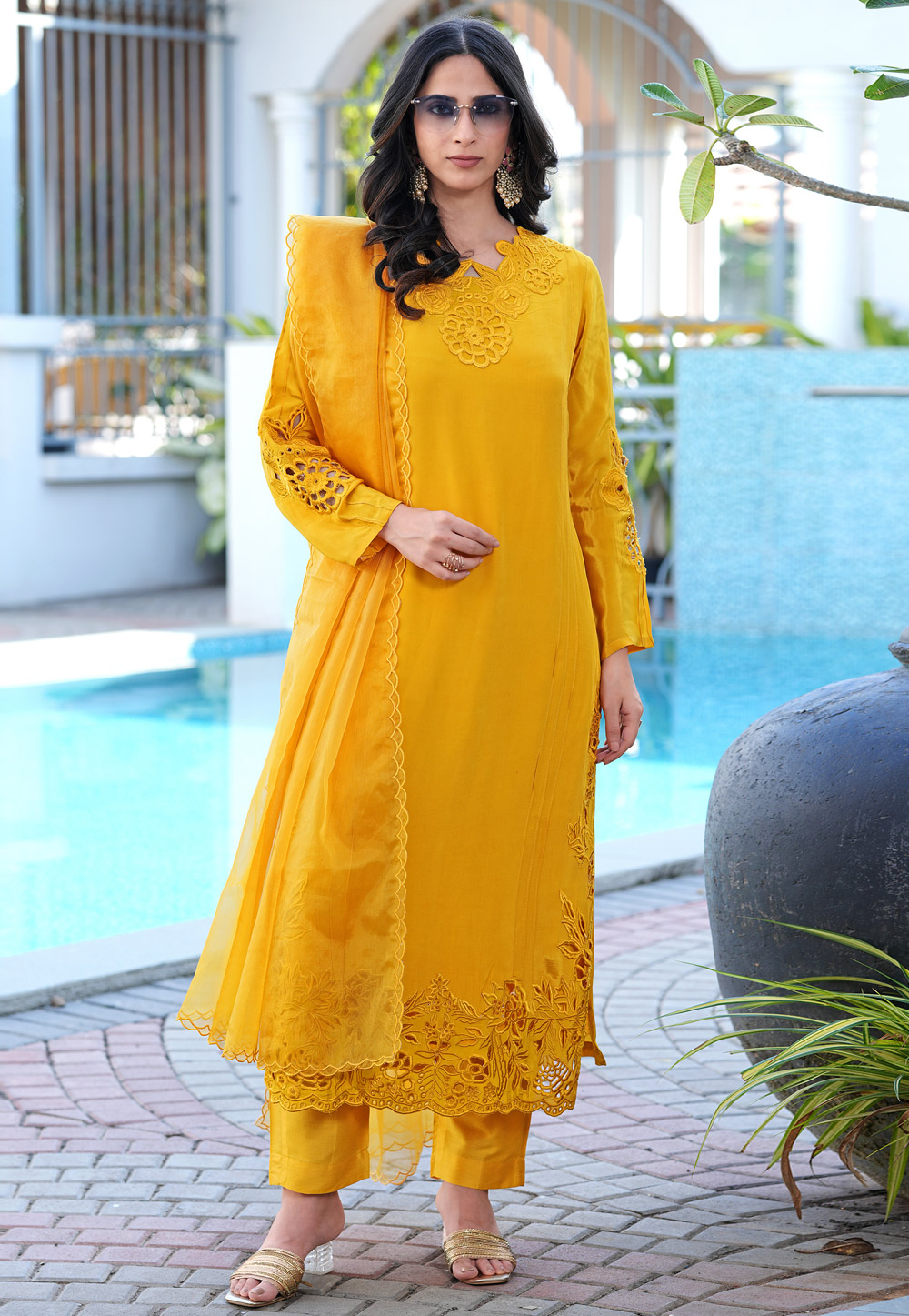 Yellow Art Silk Readymade Pakistani Suit 325029