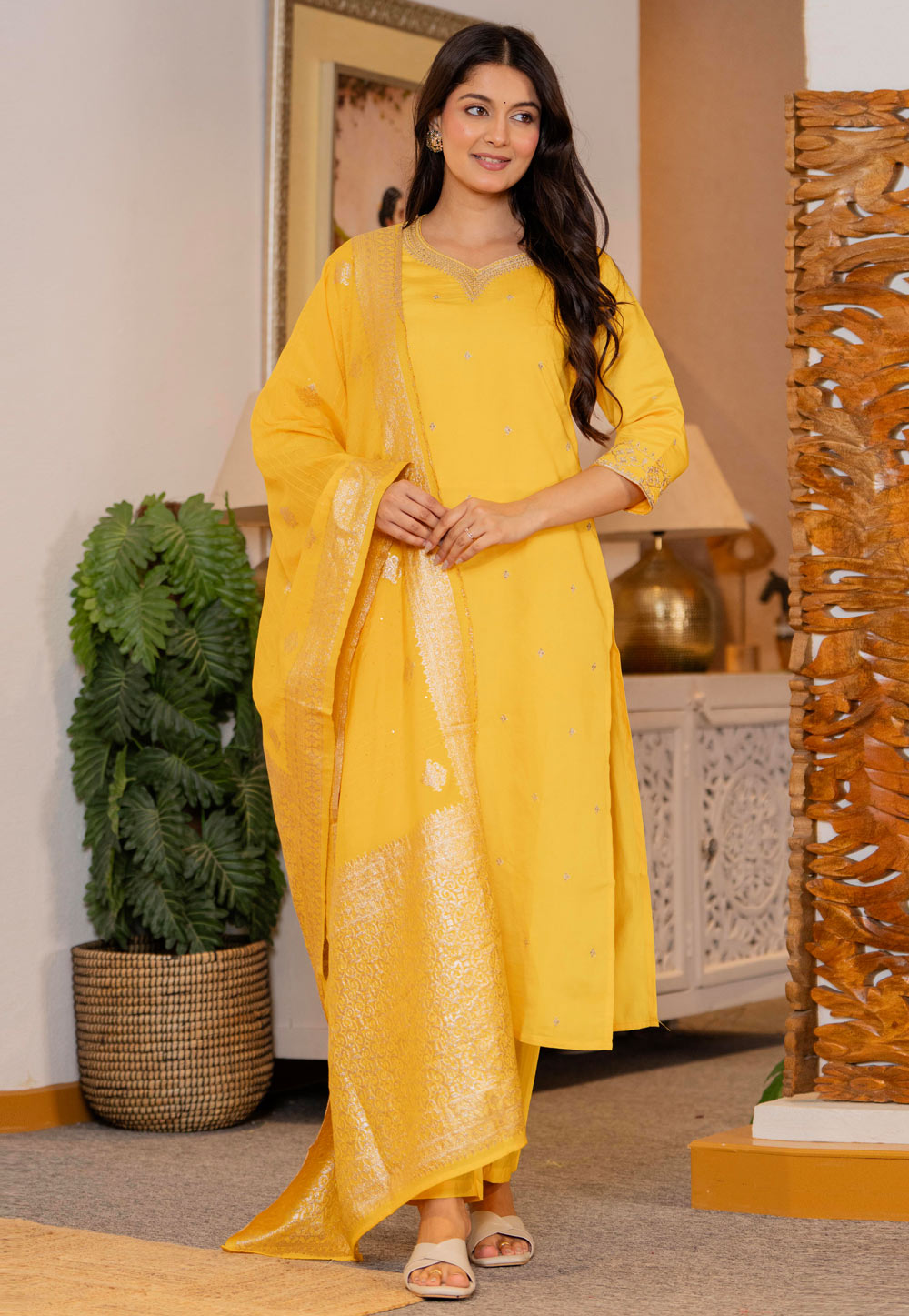 Yellow Art Silk Readymade Pant Style Suit 320341