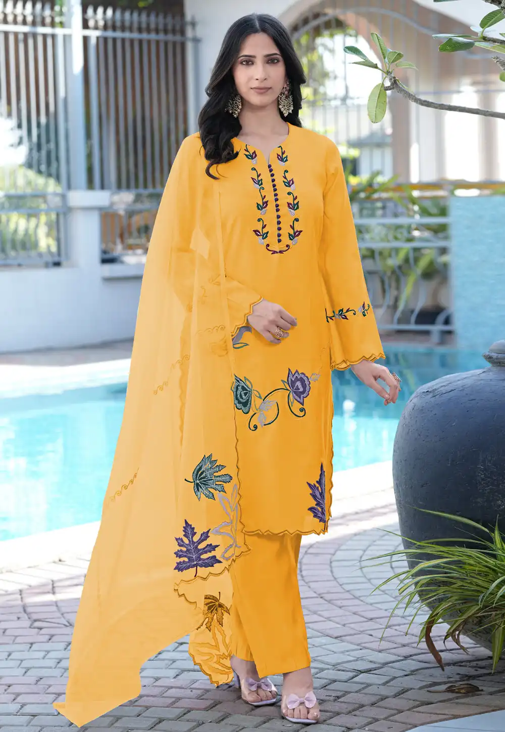 Yellow Art Silk Readymade Pant Style Suit 325028