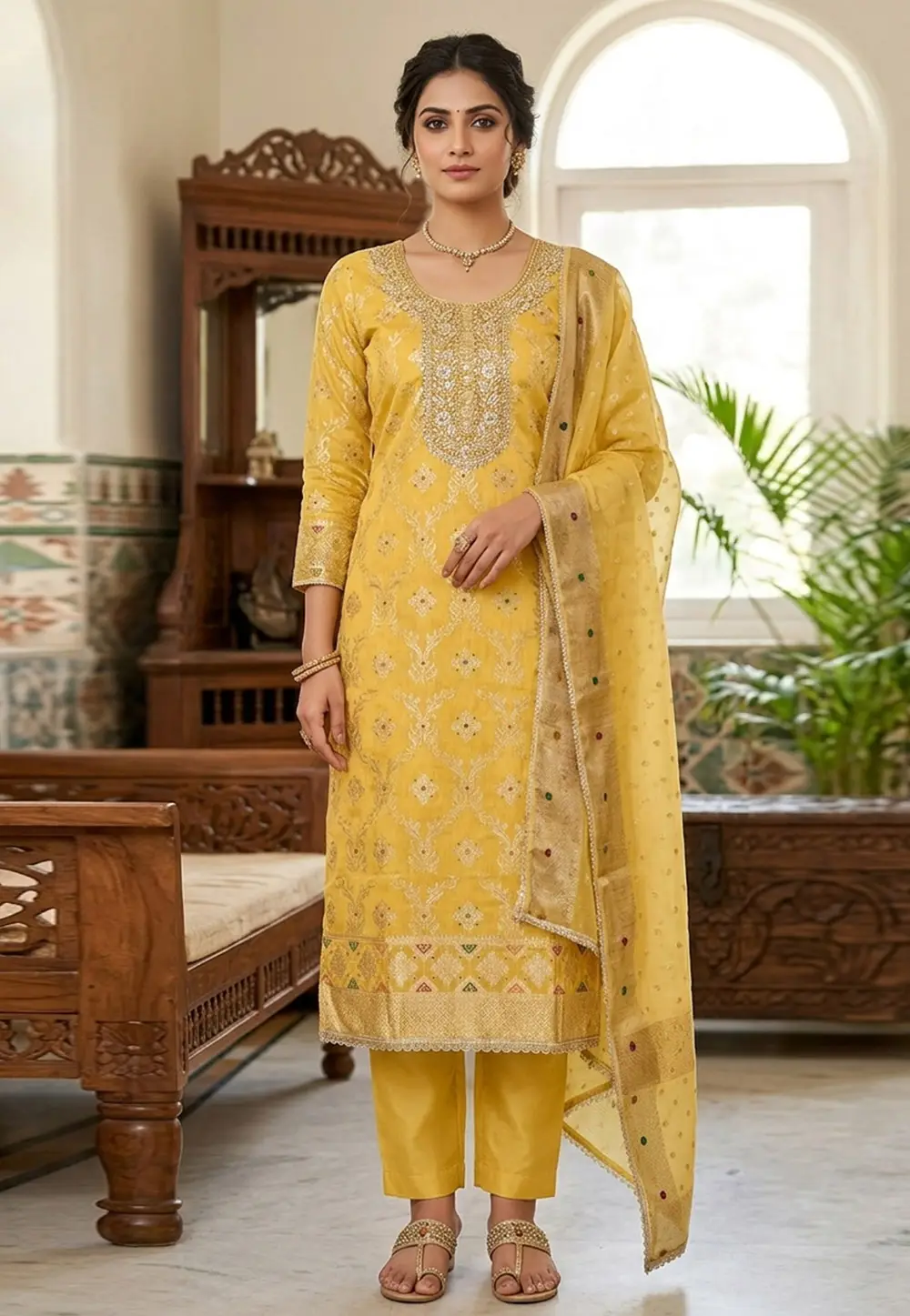 Yellow Banarasi Cotton Pant Style Suit 335364