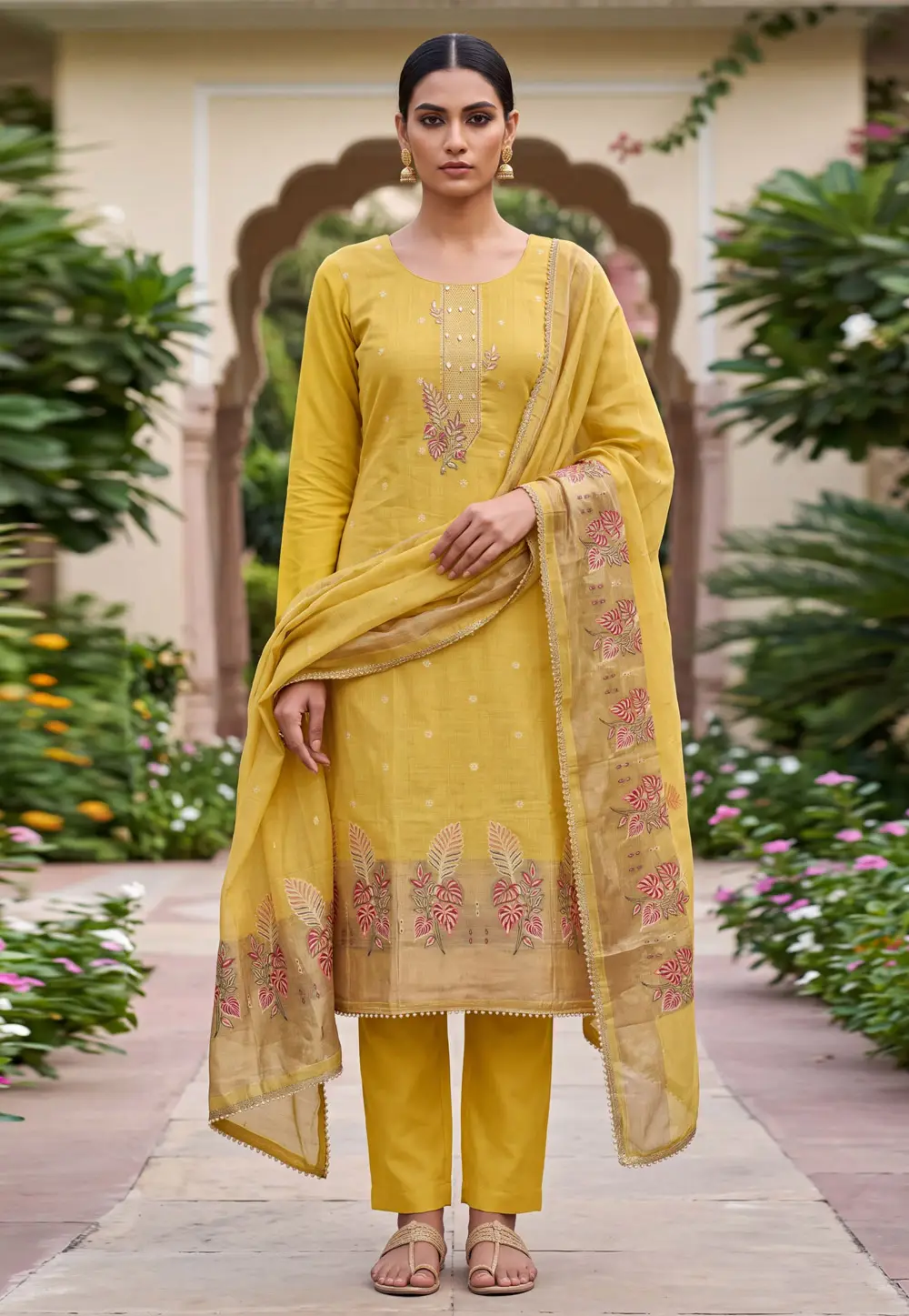 Yellow Banarasi Cotton Pant Style Suit 335370