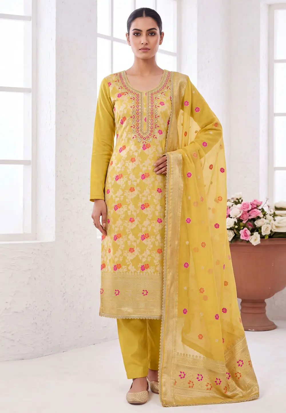 Yellow Banarasi Cotton Pant Style Suit 335546