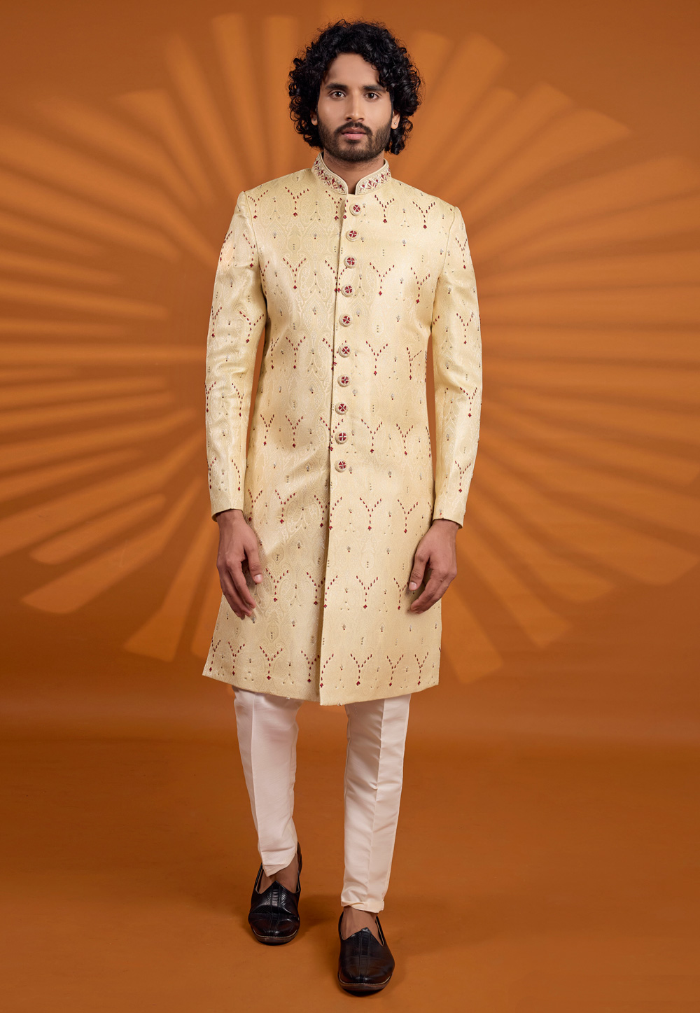 Yellow Banarasi Jacquard Achkan Style Sherwani 330251