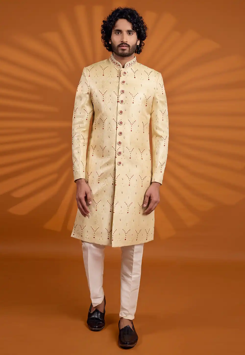 Yellow Banarasi Jacquard Achkan Style Sherwani 330251