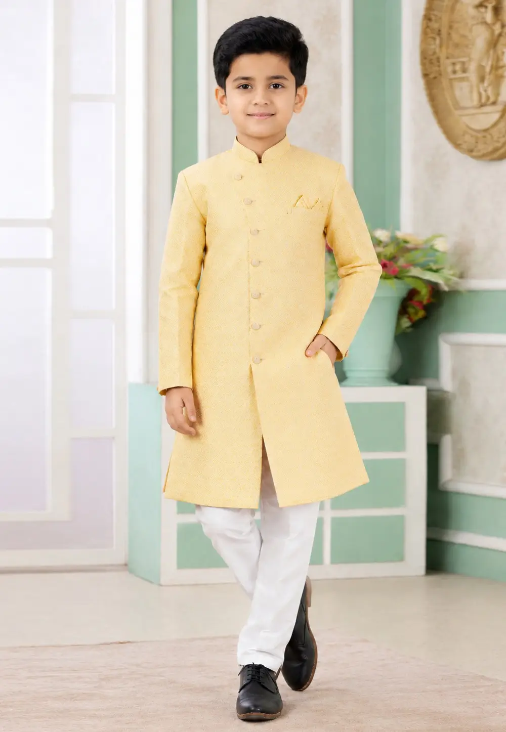 Yellow Banarasi Jacquard Boys Indo Western Suit 335790
