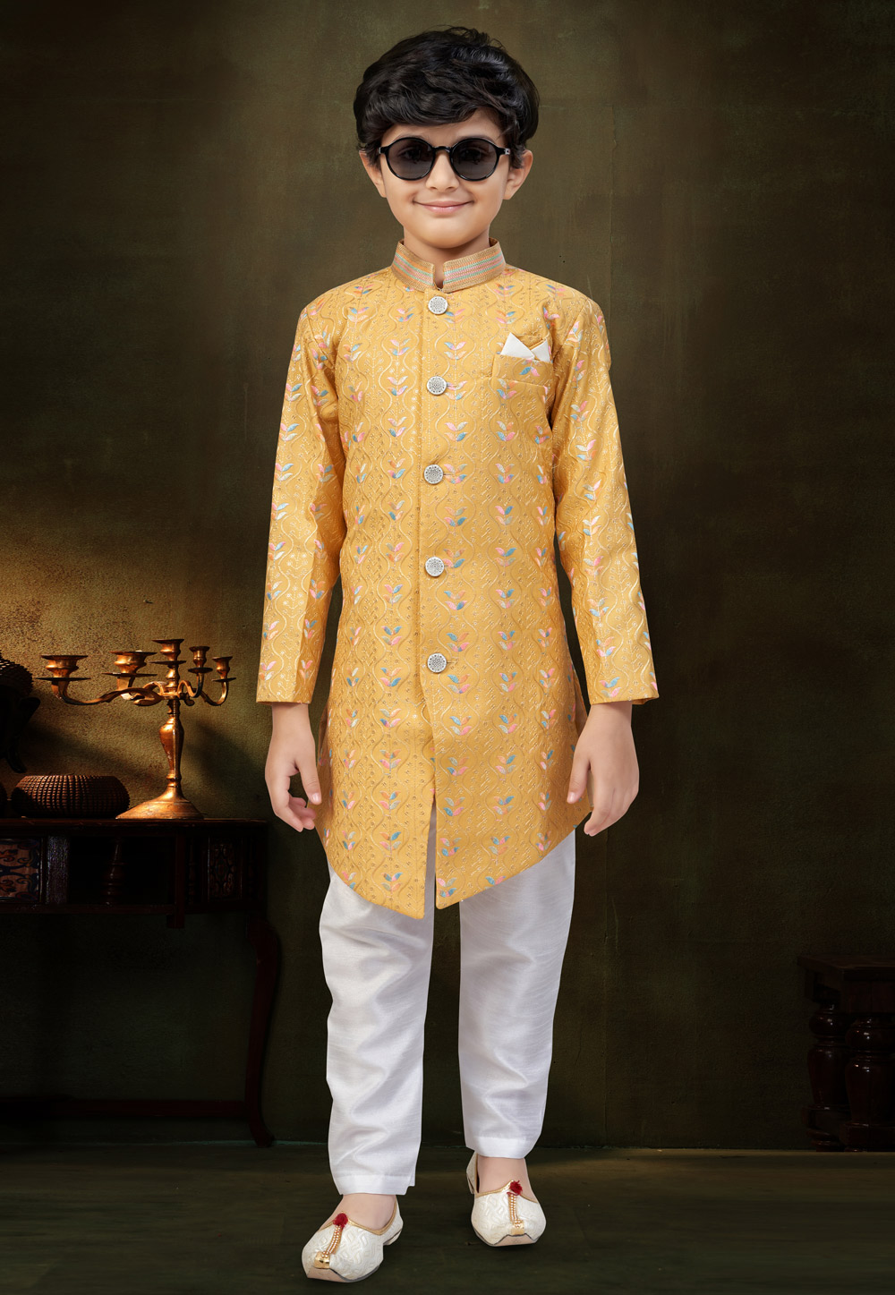 Yellow Banarasi Jacquard Kids Indo Western Suit 324280