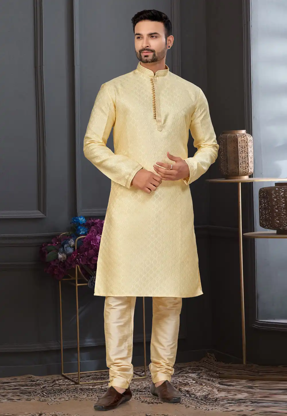 Yellow Banarasi Jacquard Kurta Pajama 317858