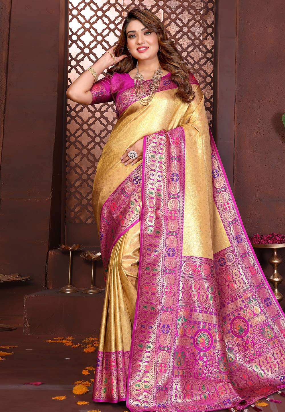 Golden Banarasi Silk Saree 320606