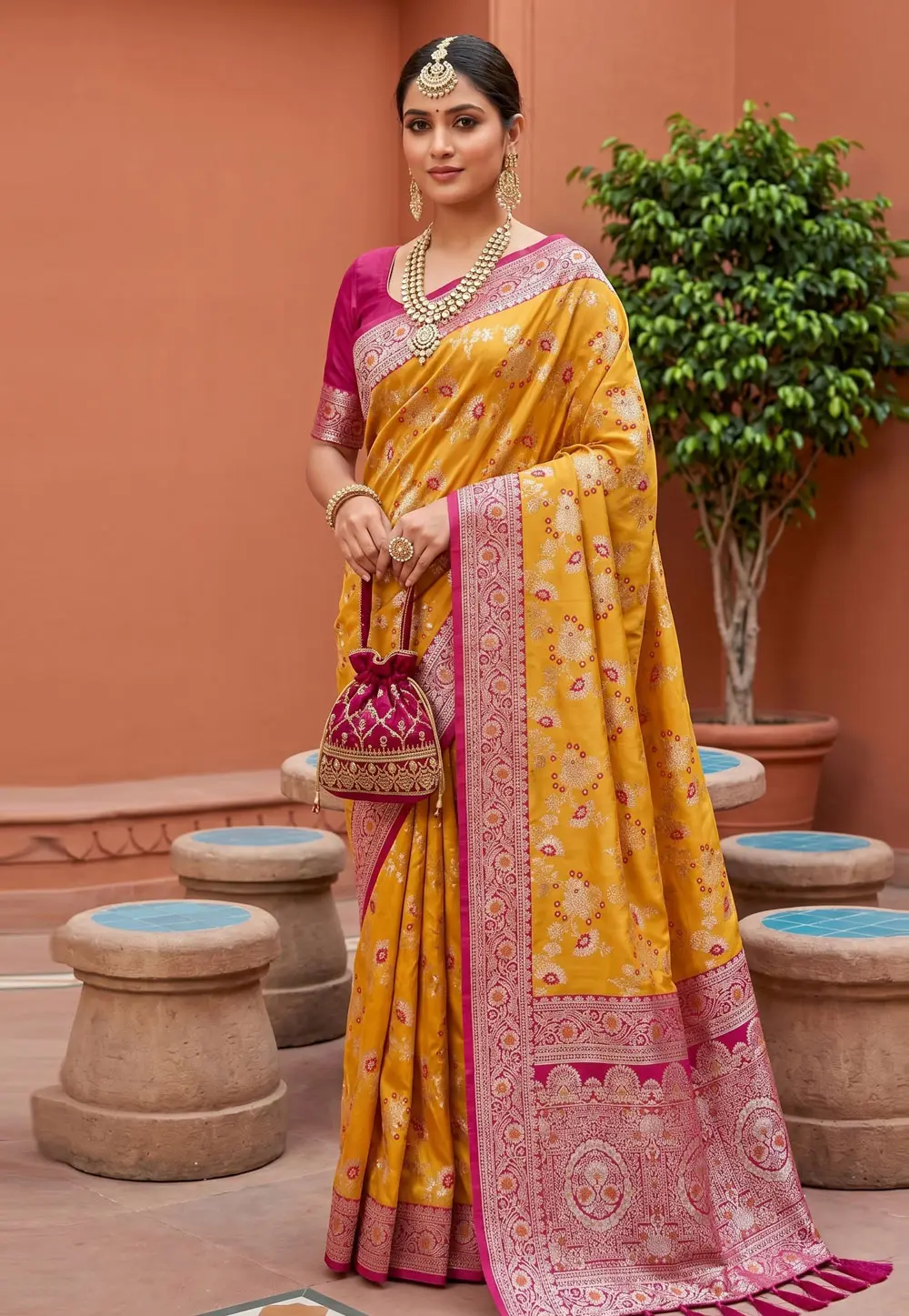 Yellow Banarasi Silk Saree With Blouse 331412