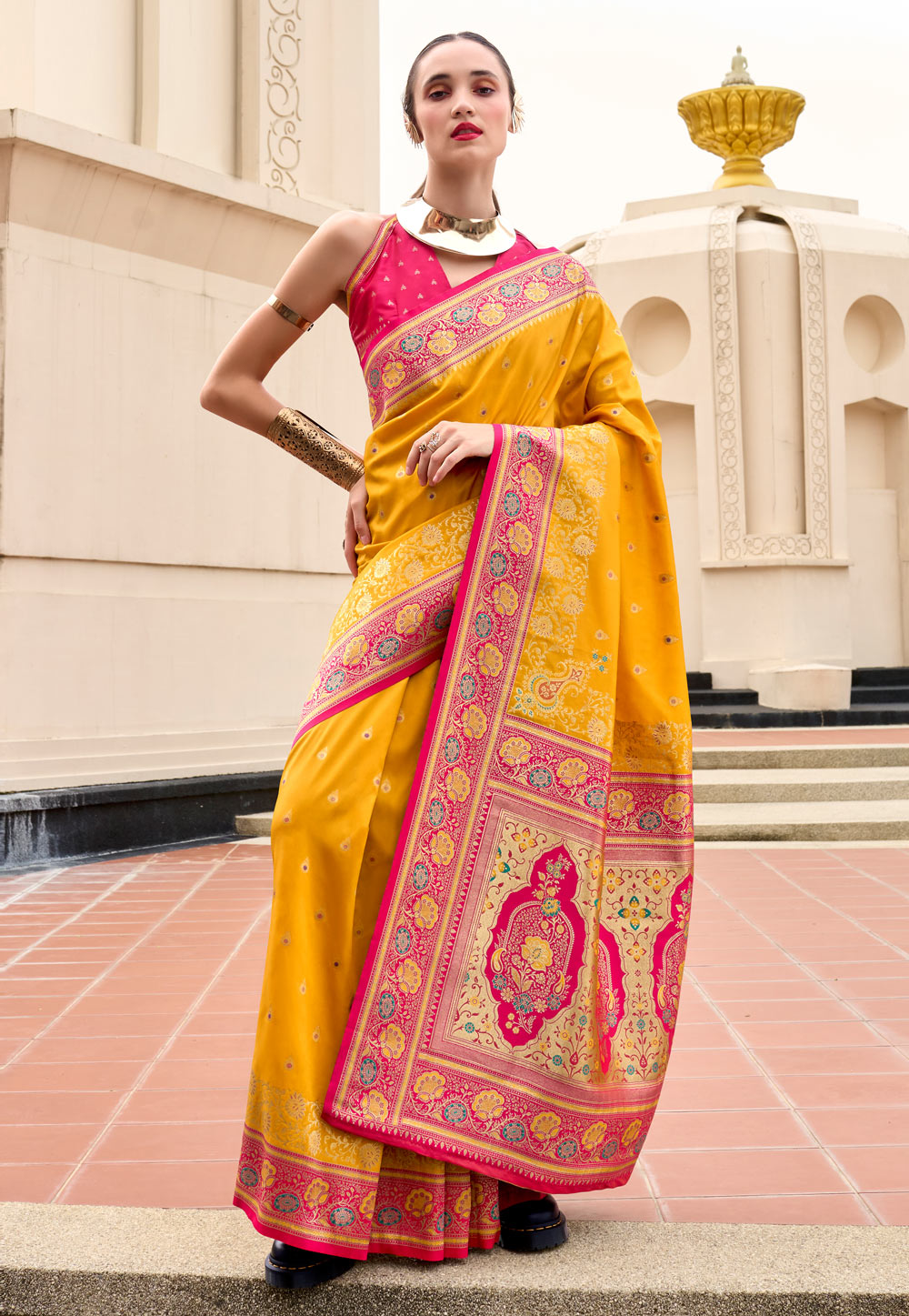 Yellow Banarasi Silk Saree With Blouse 307393