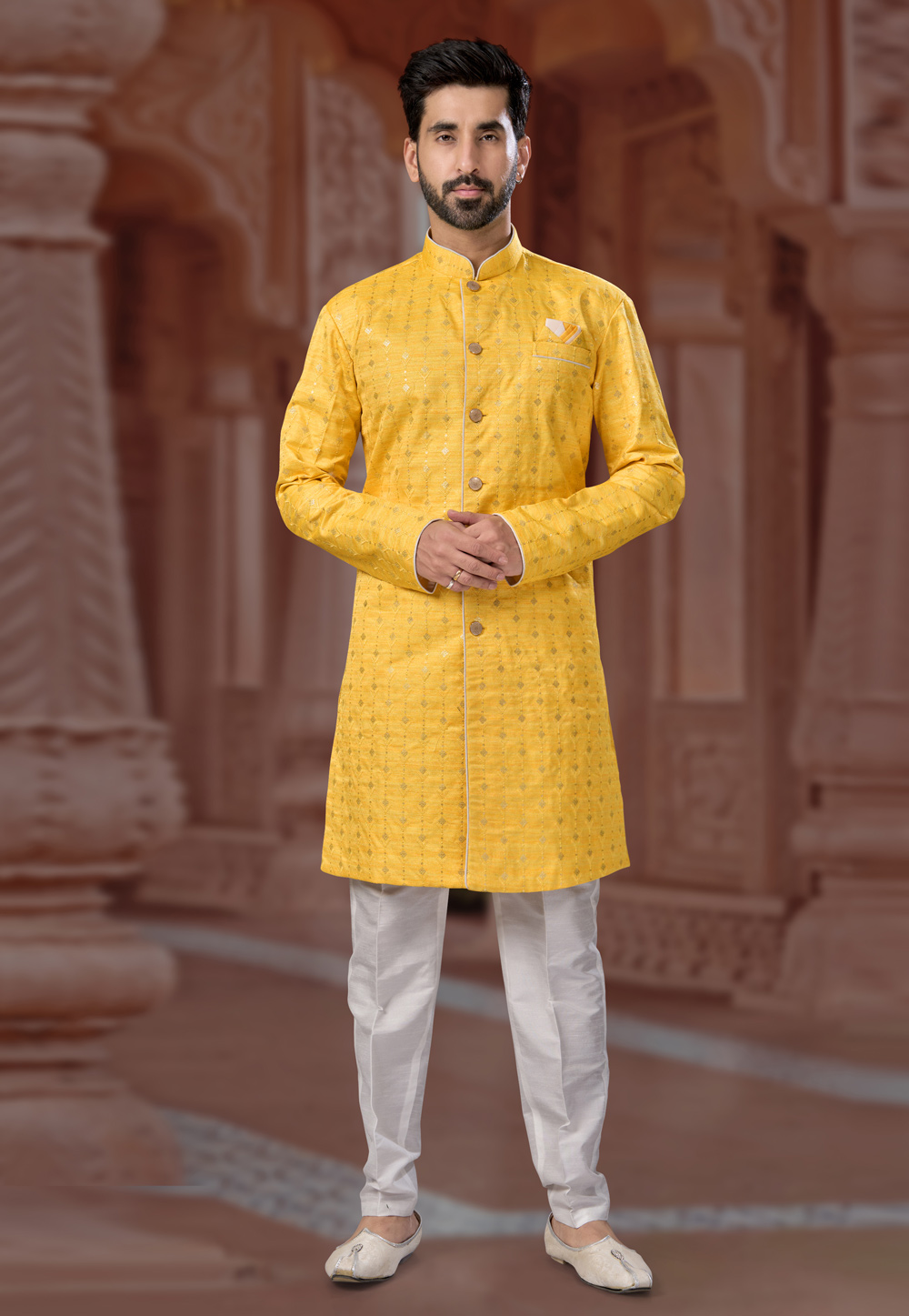 Yellow Banglori Silk Indo Western Sherwani 282248