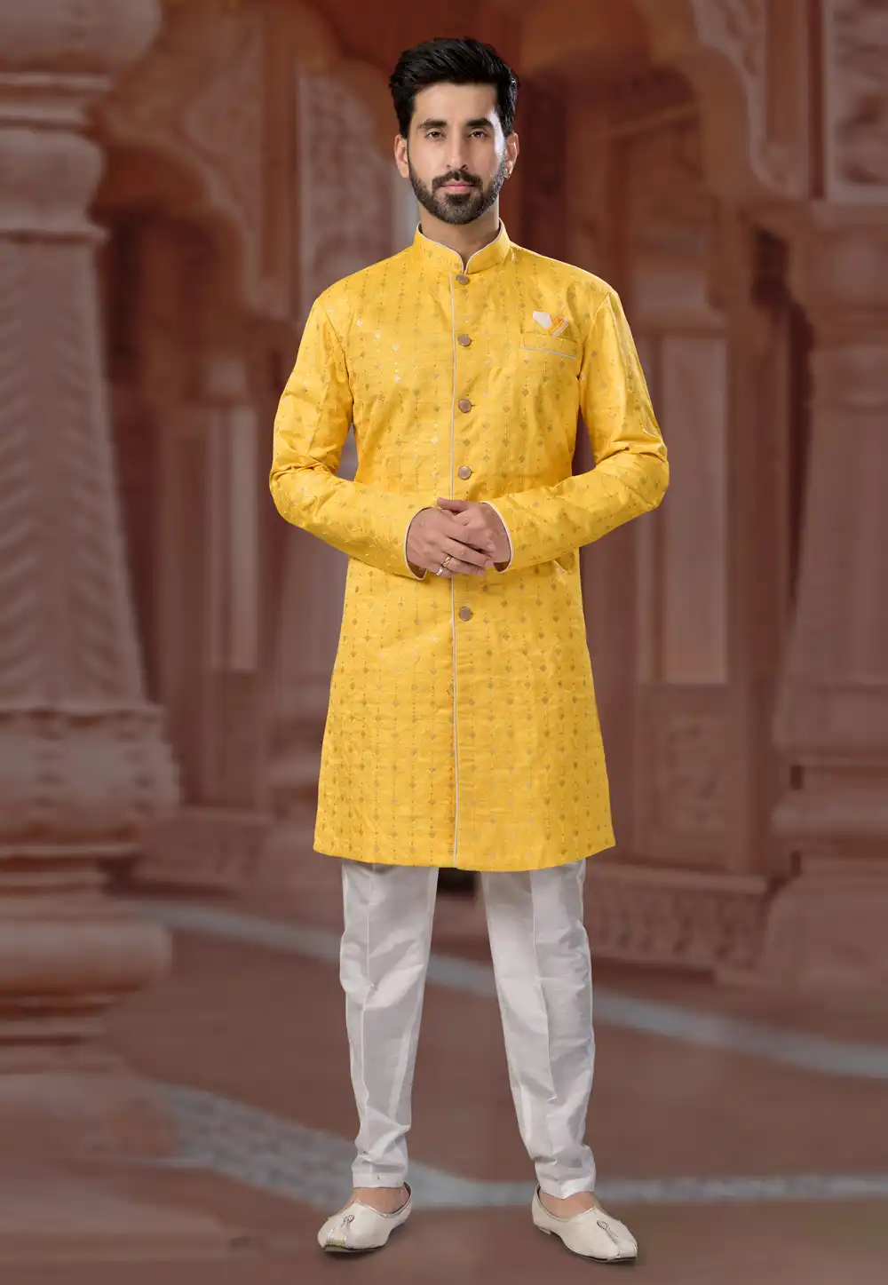 Yellow Banglori Silk Indo Western Sherwani 282248