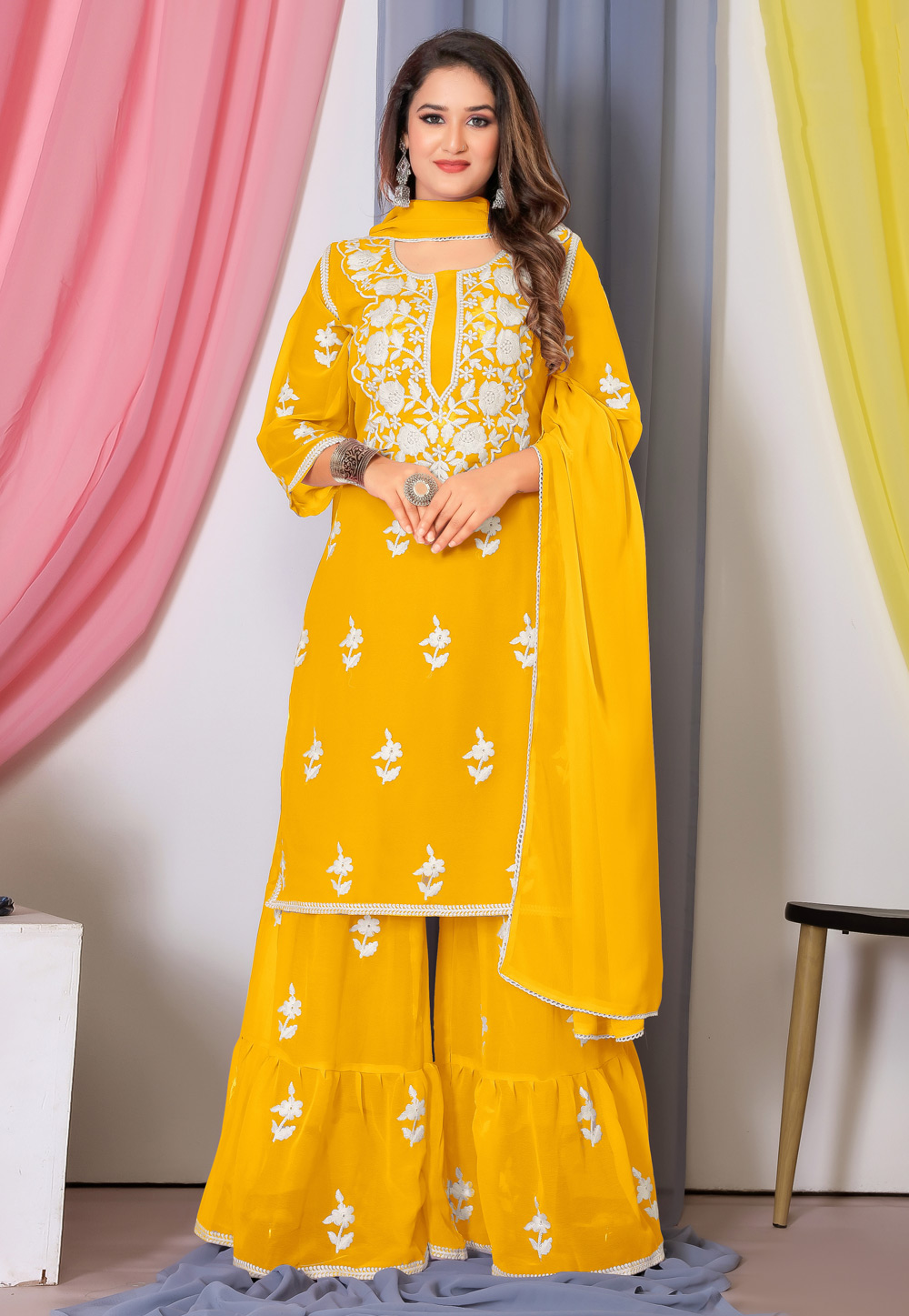 Yellow Bemberg Georgette Sharara Suit 287568