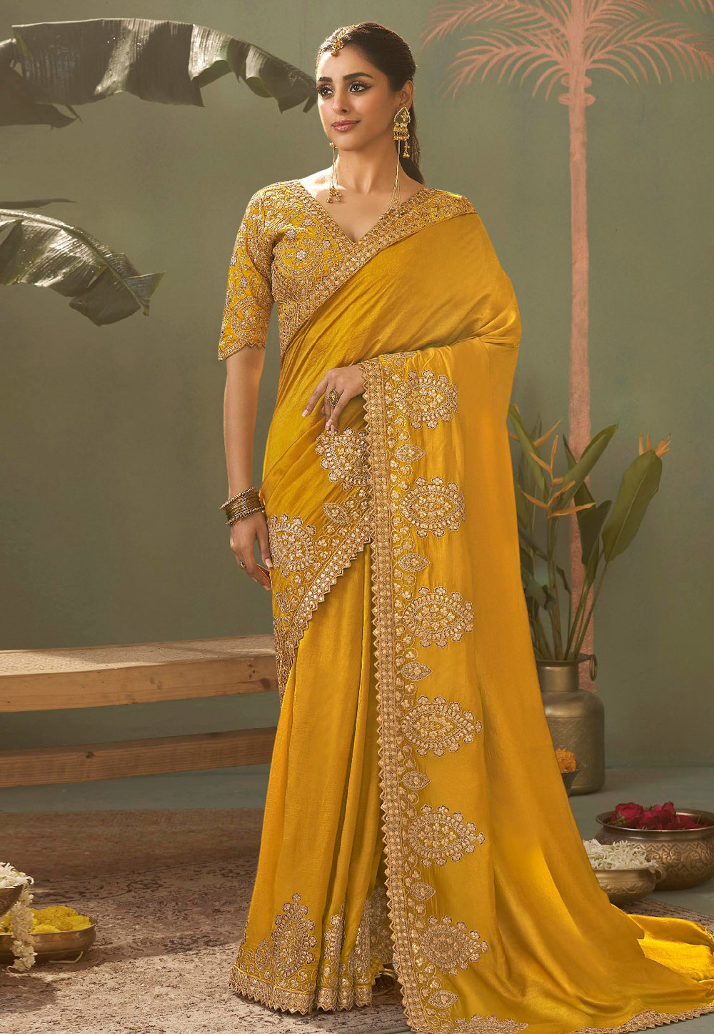 Yellow Bemberg Saree With Blouse 320174