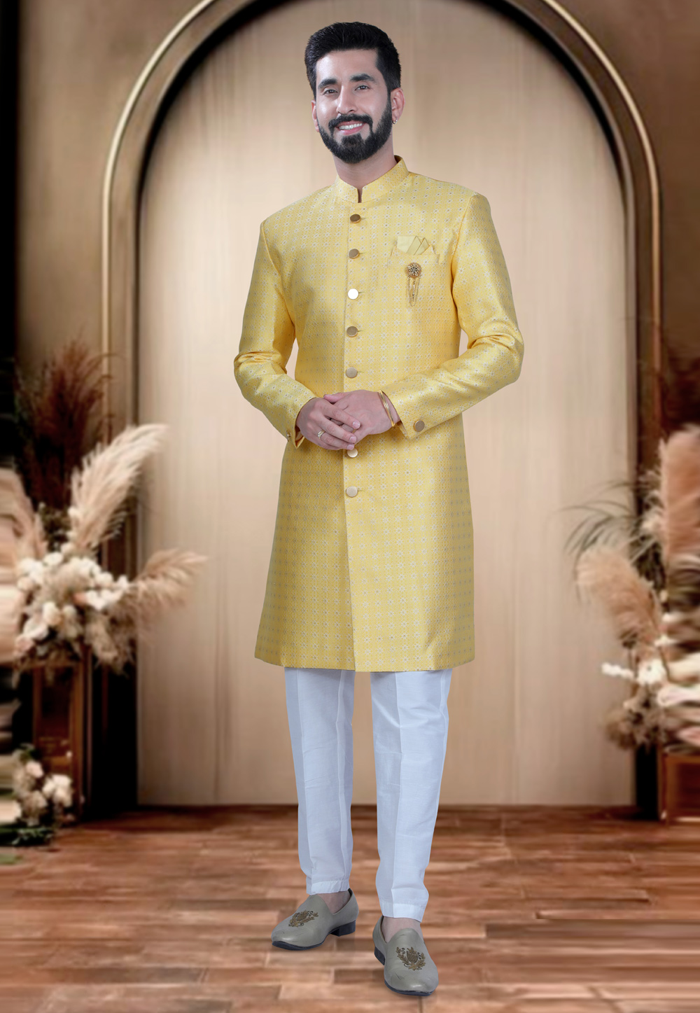 Yellow Brocade Achkan Style Sherwani 319692