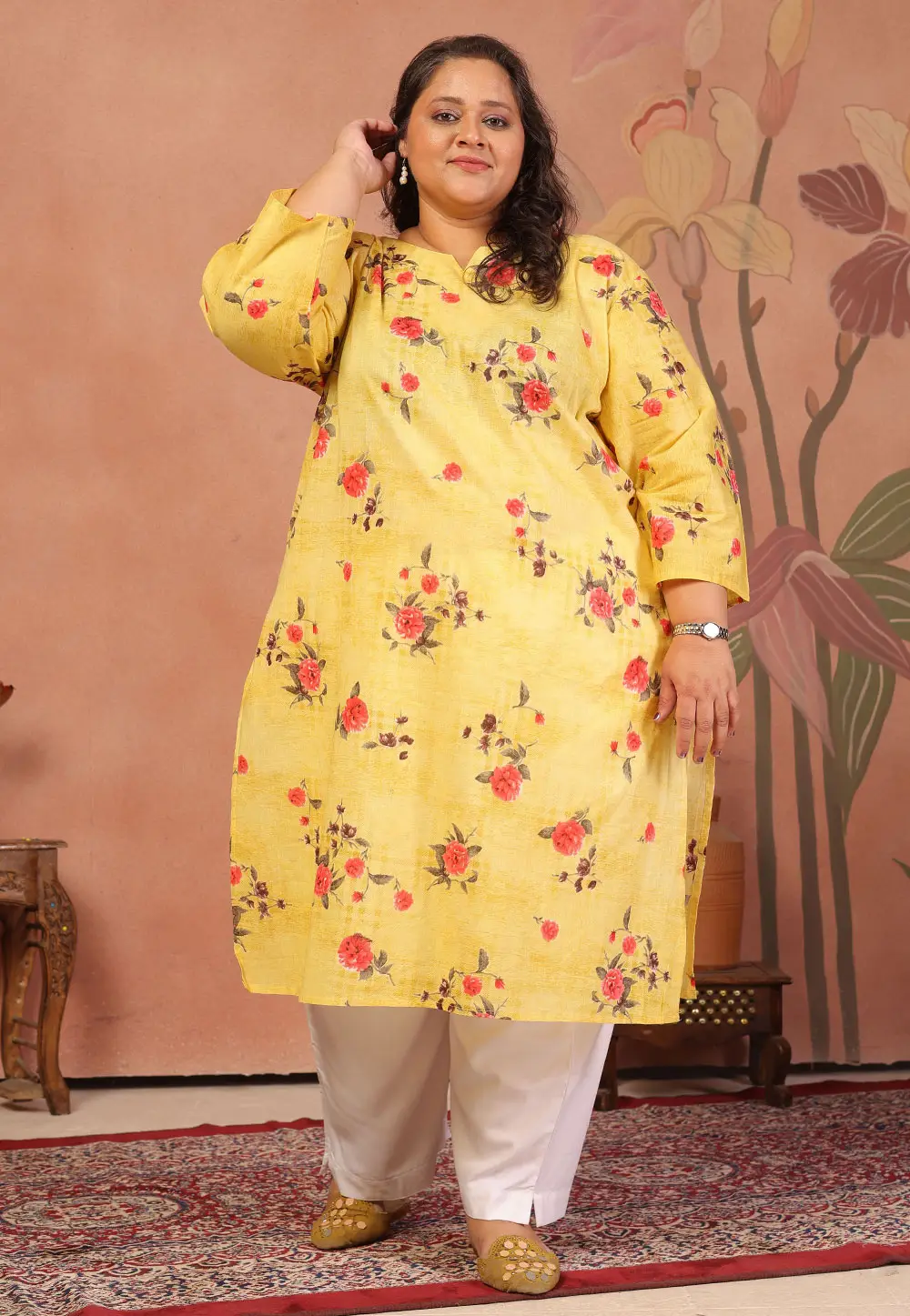 Yellow Cambric Cotton Printed Long Kurti 336949