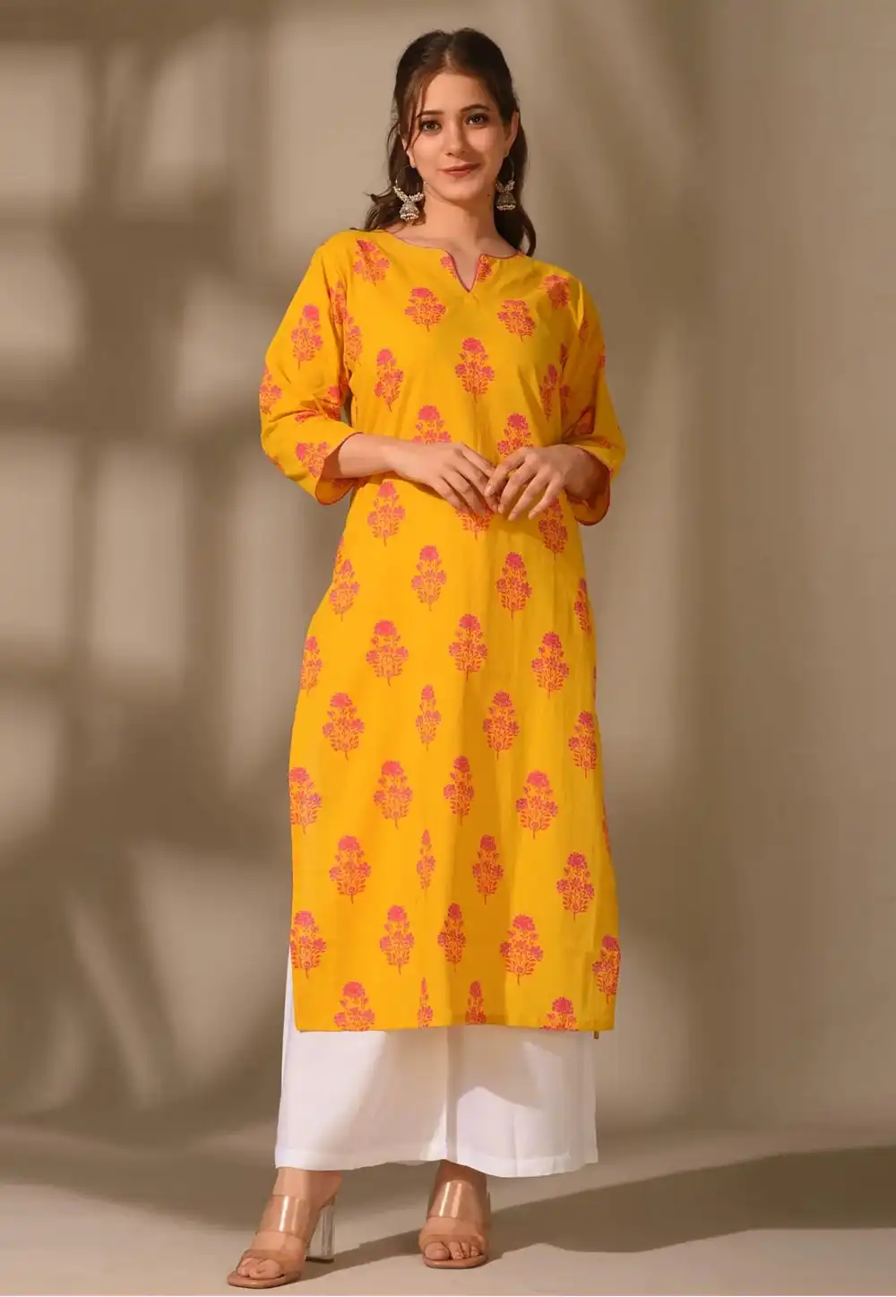 Yellow Cambric Cotton Printed Long Kurti 328091