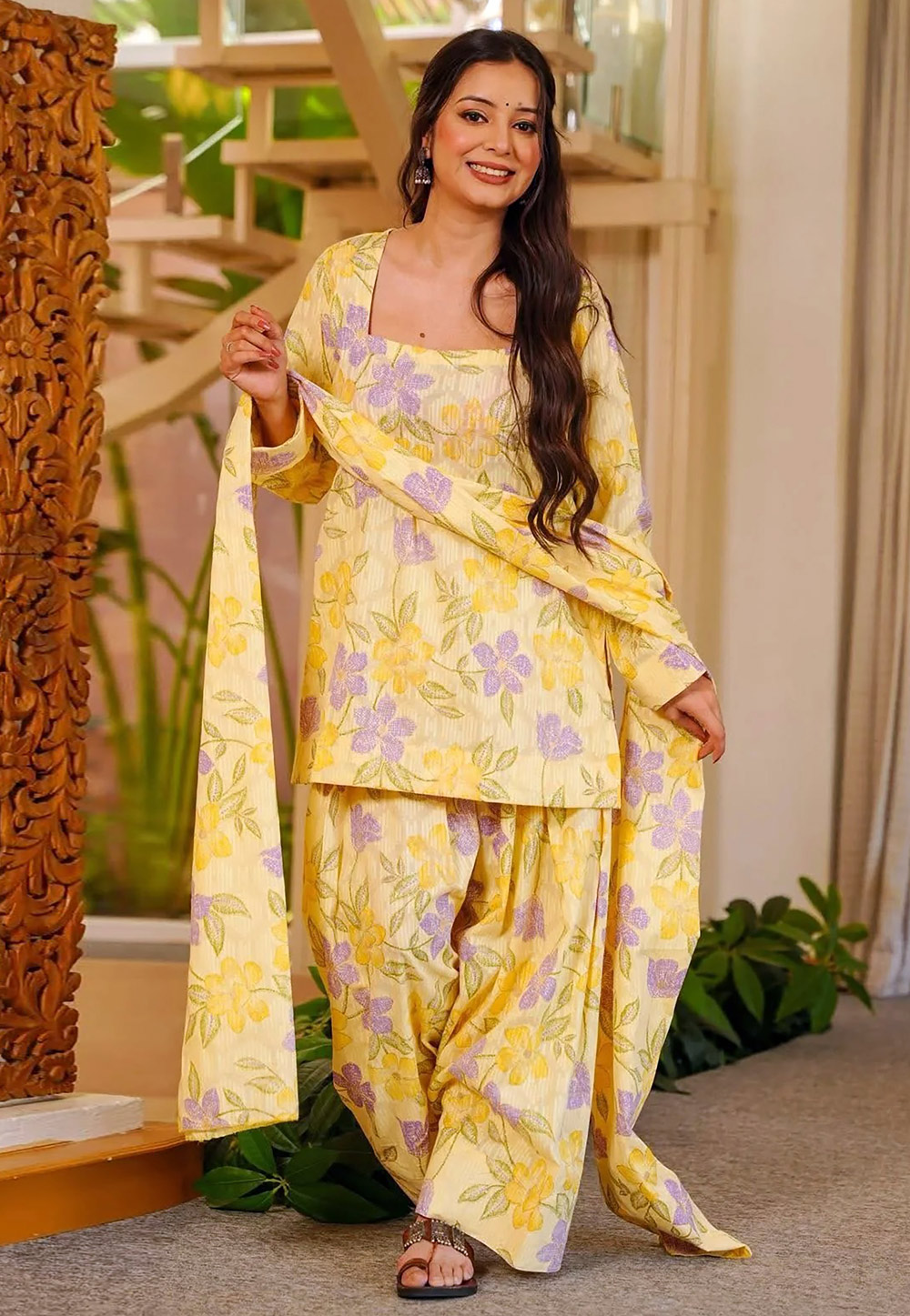 Yellow Cambric Cotton Readymade Palazzo Suit 326885