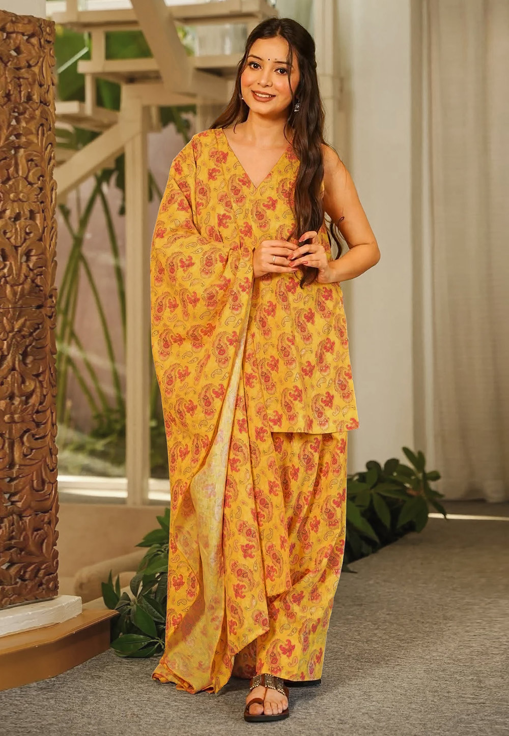Yellow Cambric Cotton Readymade Palazzo Suit 326887