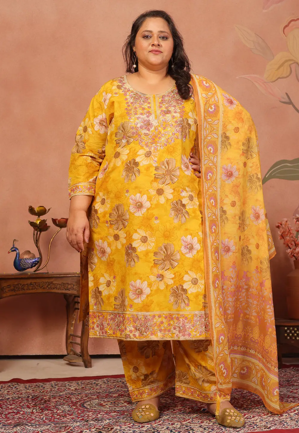 Yellow Cambric Cotton Readymade Palazzo Suit 336970