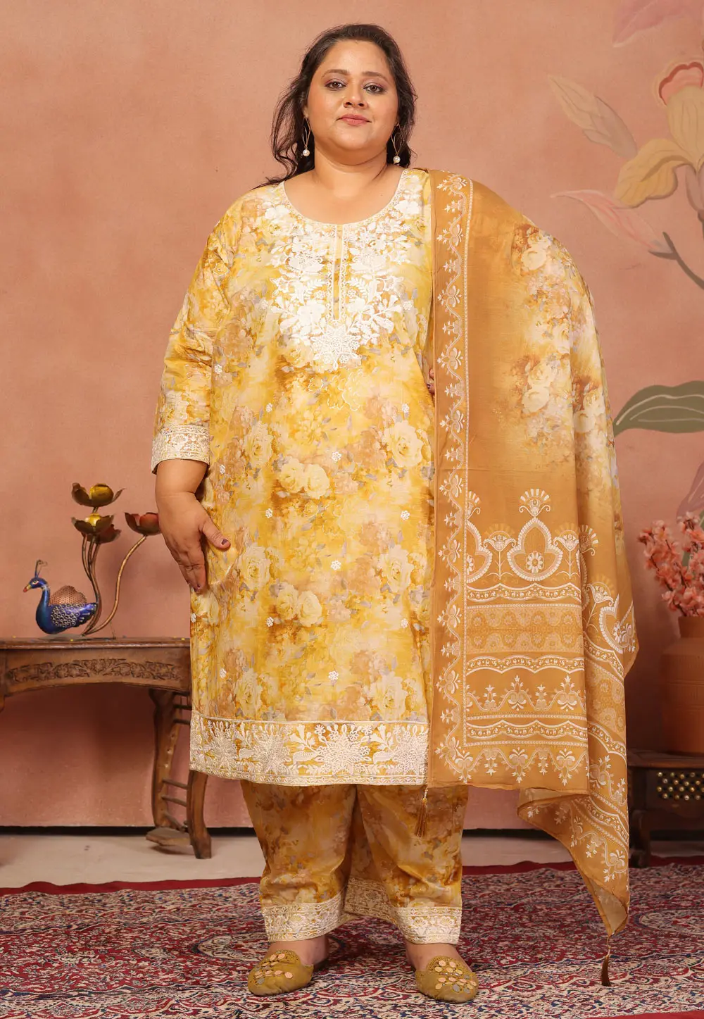 Yellow Cambric Cotton Readymade Palazzo Suit 336972
