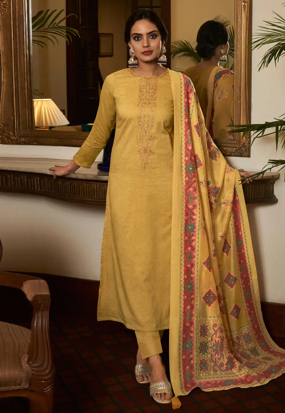 Yellow Cambric Cotton Straight Suit 328882