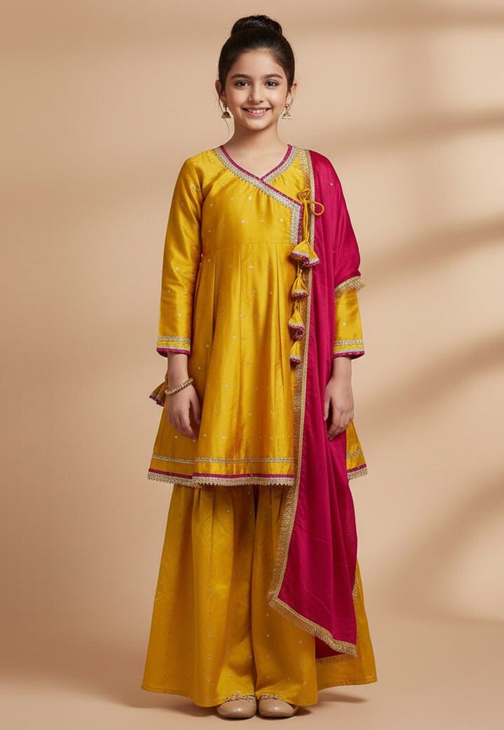 Yellow Chanderi Cotton Kids Sharara Suit 323530