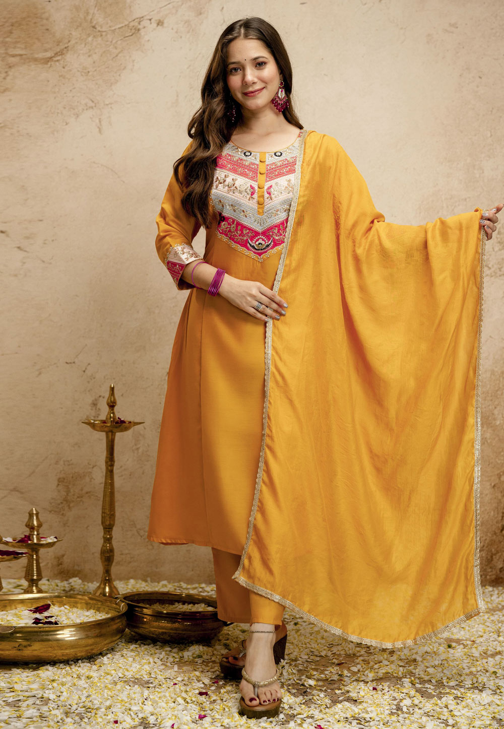 Yellow Chanderi Readymade Pakistani Suit 328808
