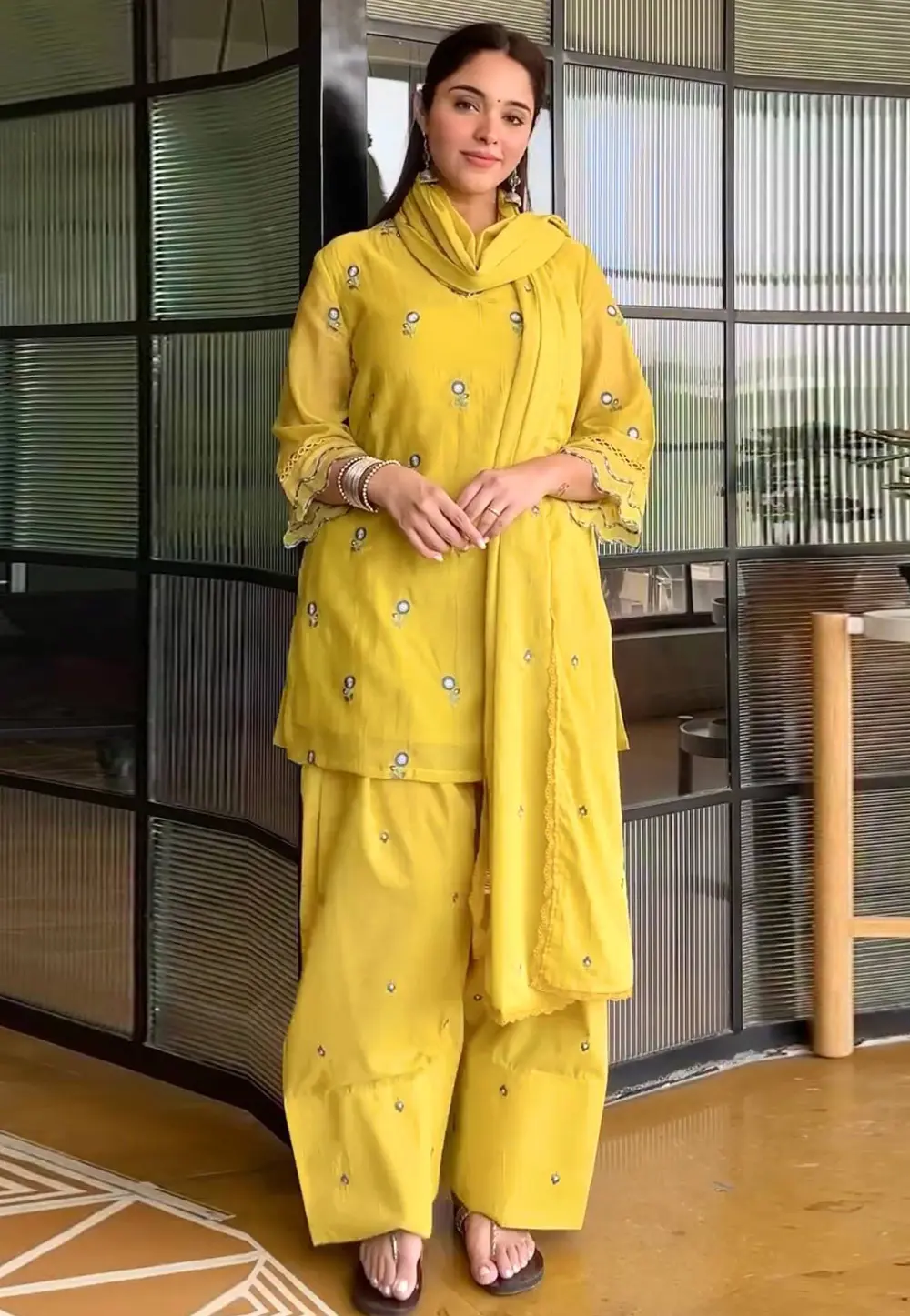 Yellow Chanderi Readymade Palazzo Suit 331798