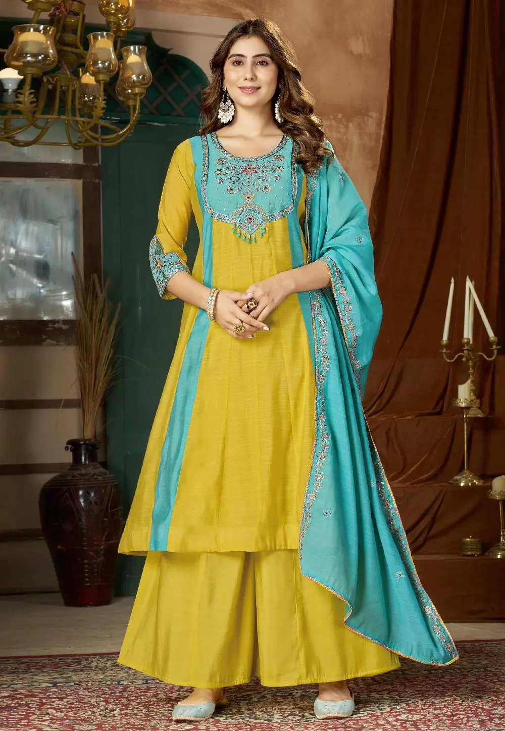 Yellow Chanderi Readymade Palazzo Suit 336264