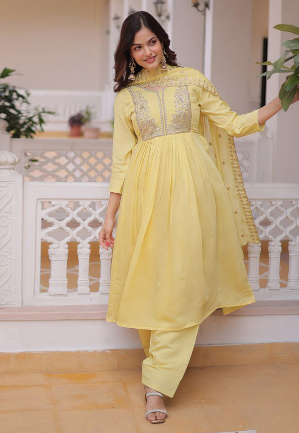 Yellow Chanderi Readymade Pant Style Suit 327845