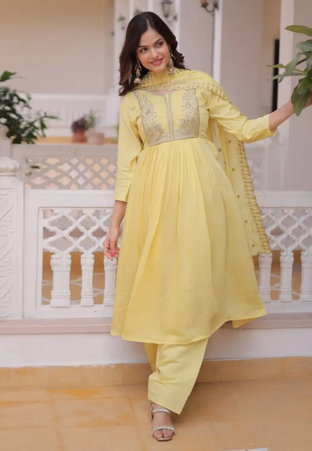 Yellow Chanderi Readymade Pant Style Suit 327845