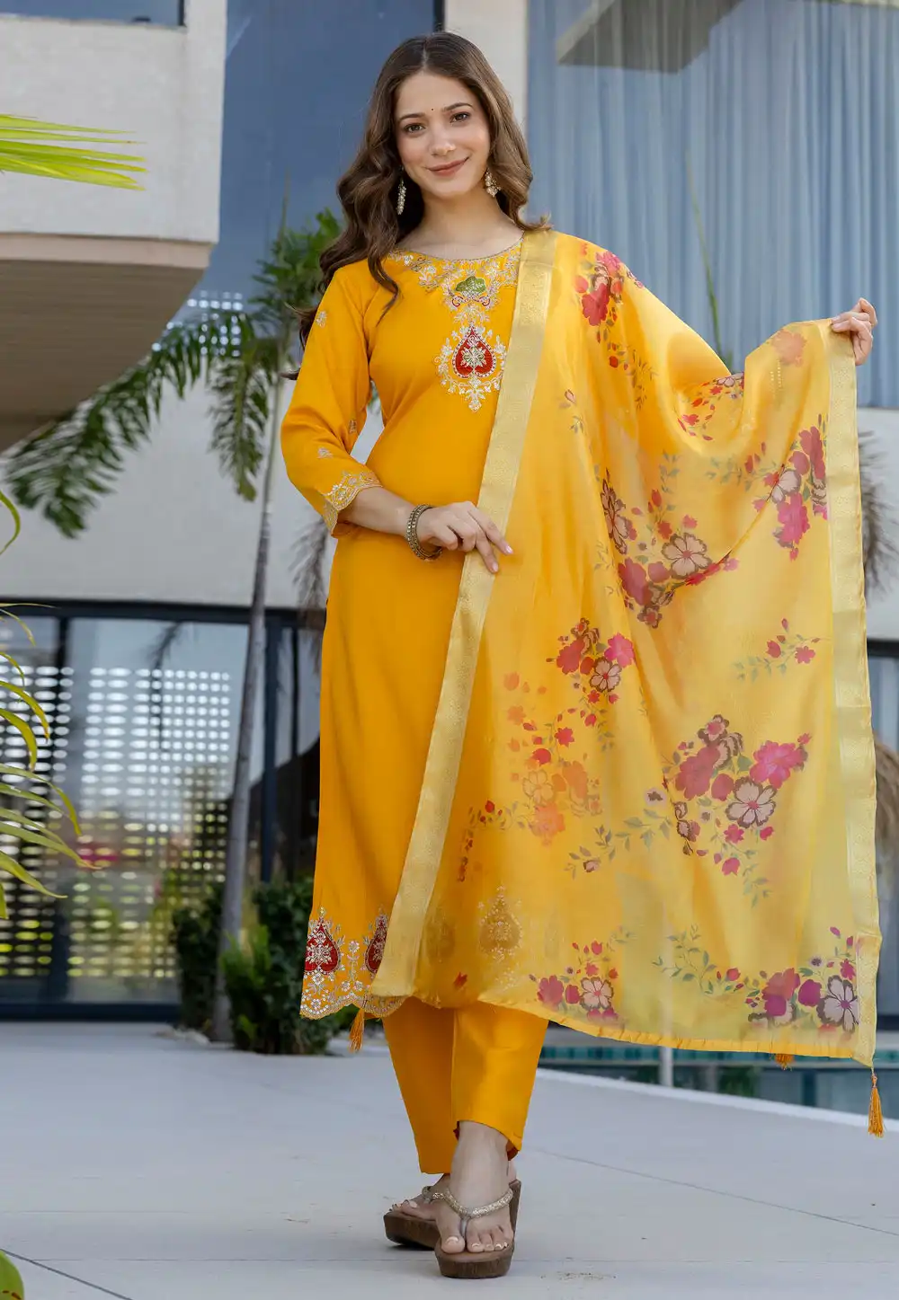Yellow Chanderi Readymade Pant Style Suit 324944