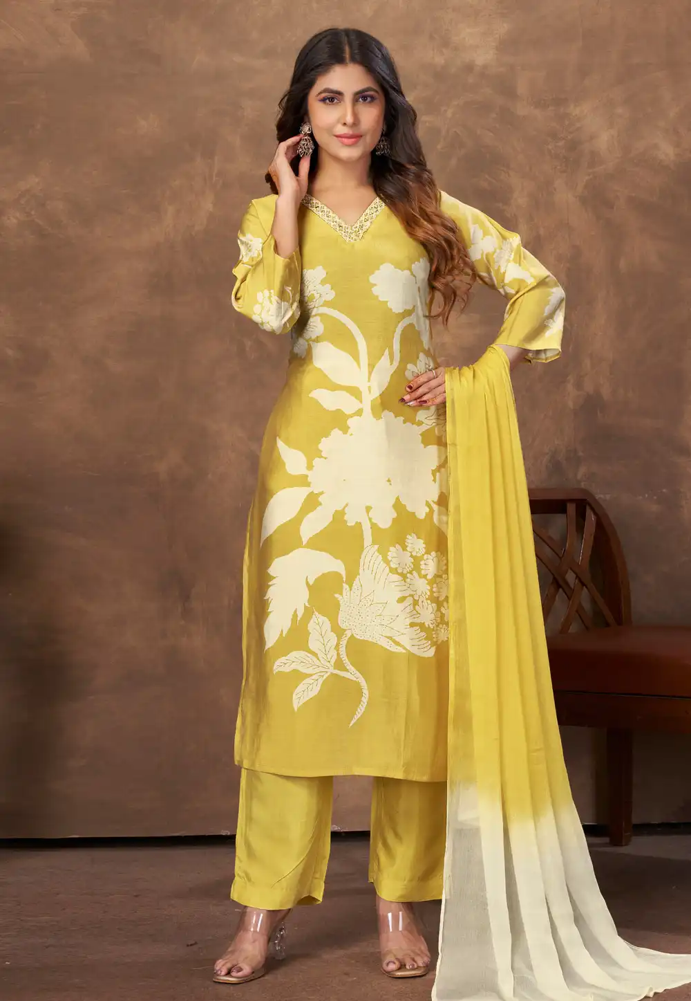 Yellow Chanderi Readymade Pant Style Suit 328119