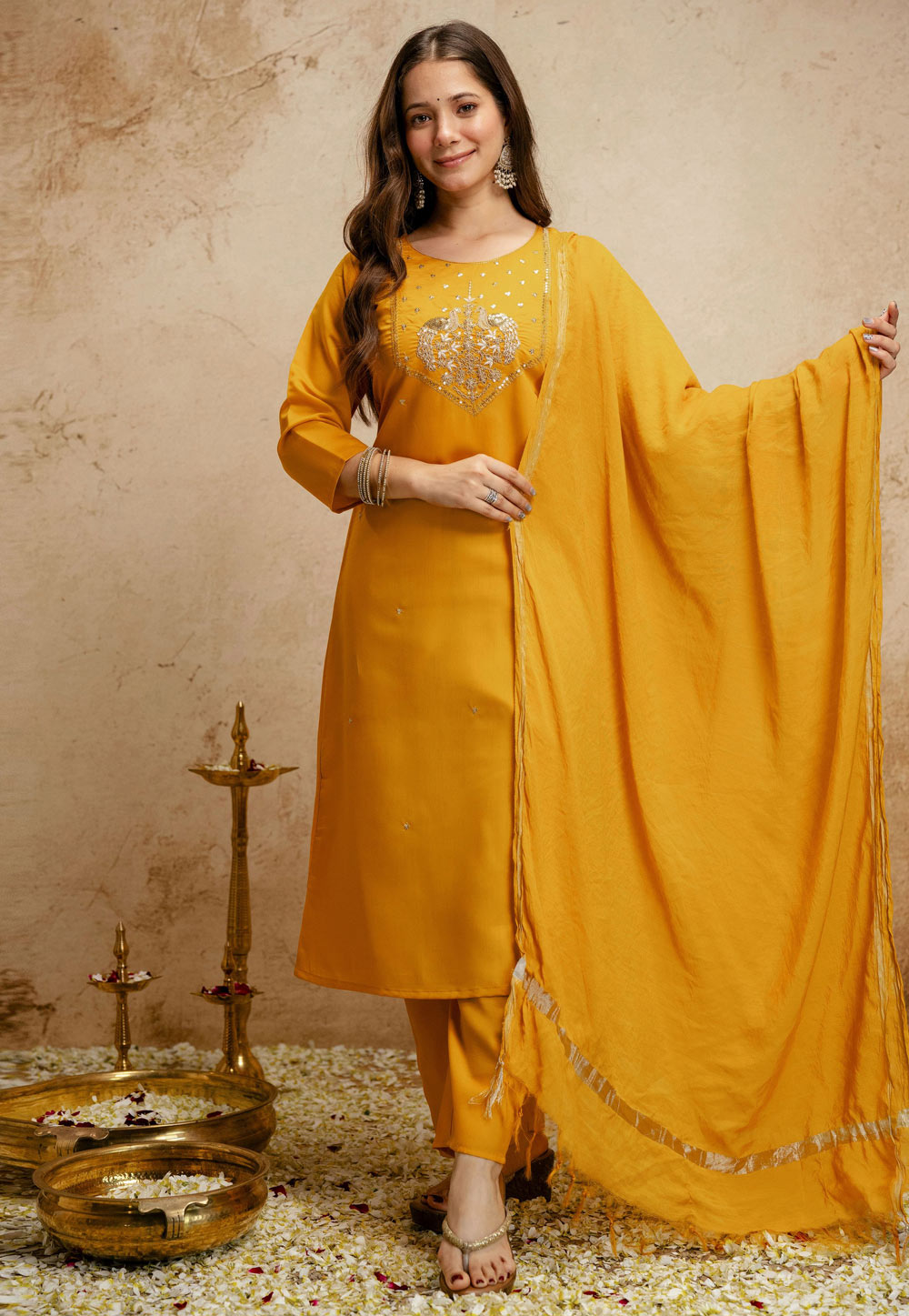 Yellow Chanderi Readymade Pant Style Suit 328812