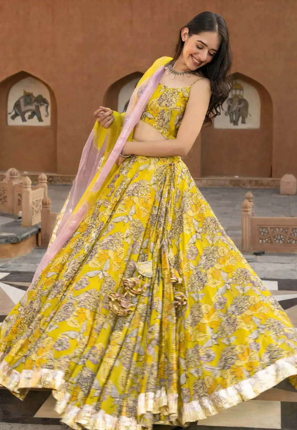 Yellow Chanderi Silk Floral Lehenga choli 333543