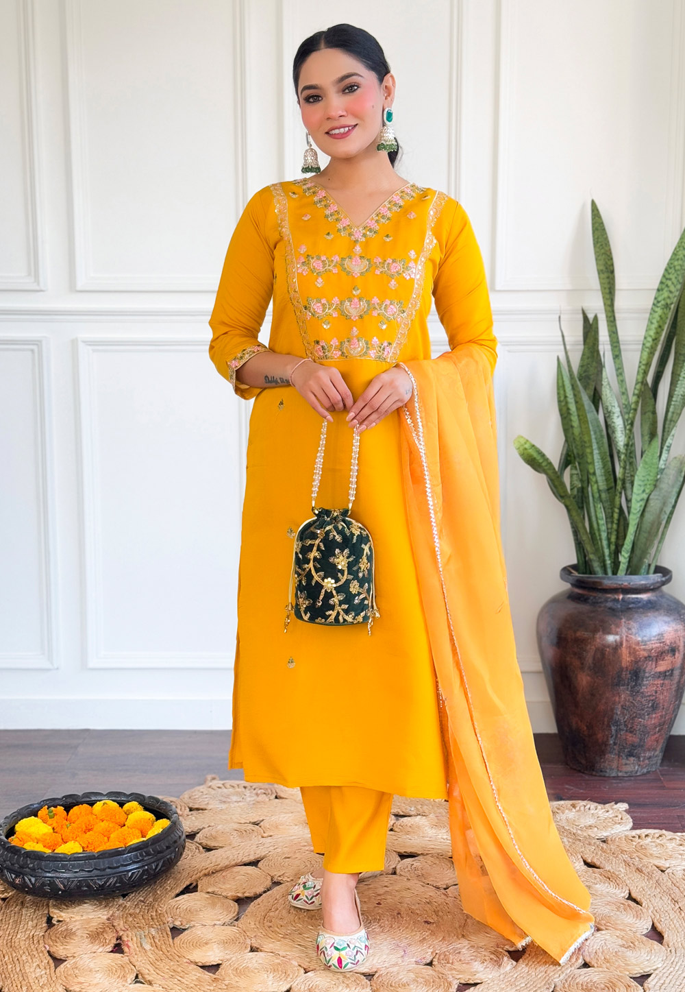 Yellow Chanderi Silk Readymade Pant Style Suit 311332