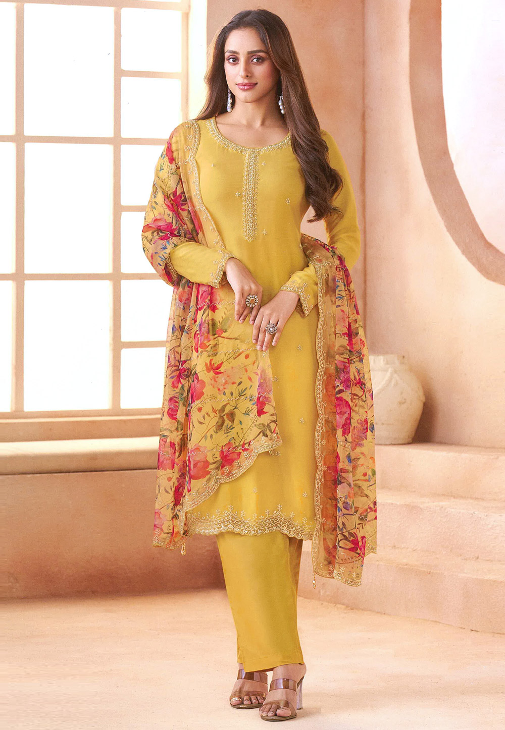 Yellow Chiffon Pant Style Suit 326432