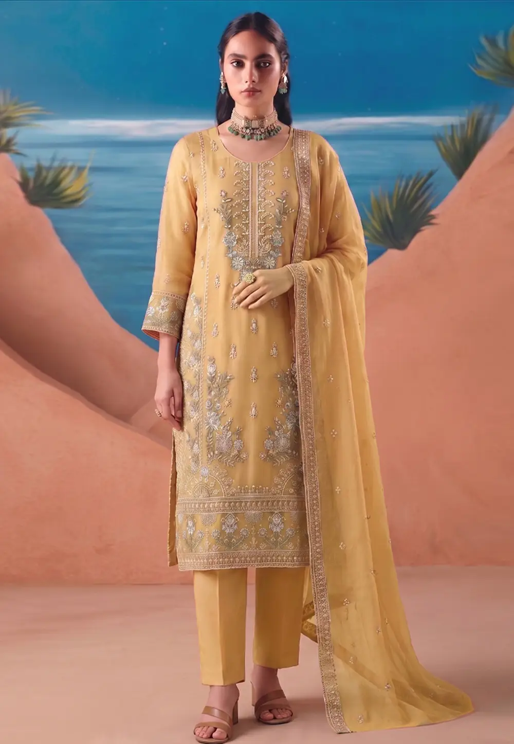 Yellow Chiffon Pant Style Suit 331163