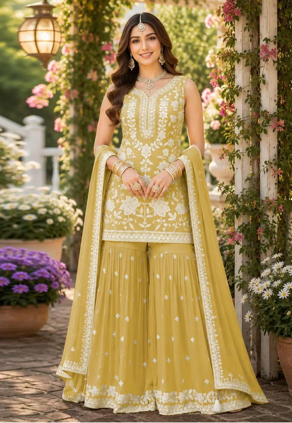 Yellow Chiffon Readymade Sharara Suit 331858