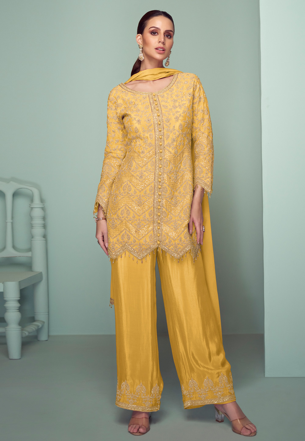 Yellow Chinon Embroidered Palazzo Suit 311404