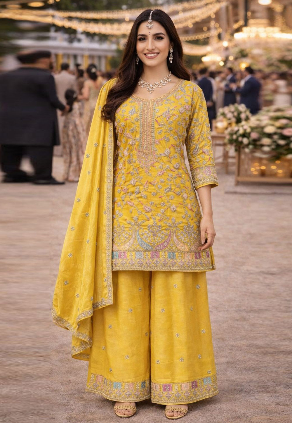 Yellow Chinon Embroidered Palazzo Suit 325083