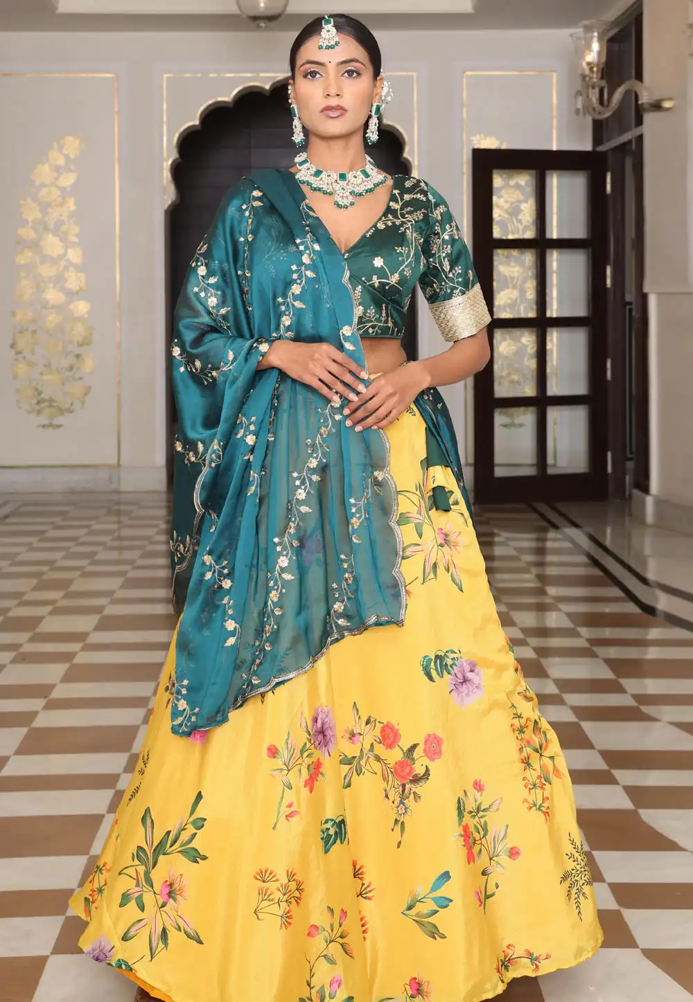 Yellow Chinon Floral Lehenga choli 318847