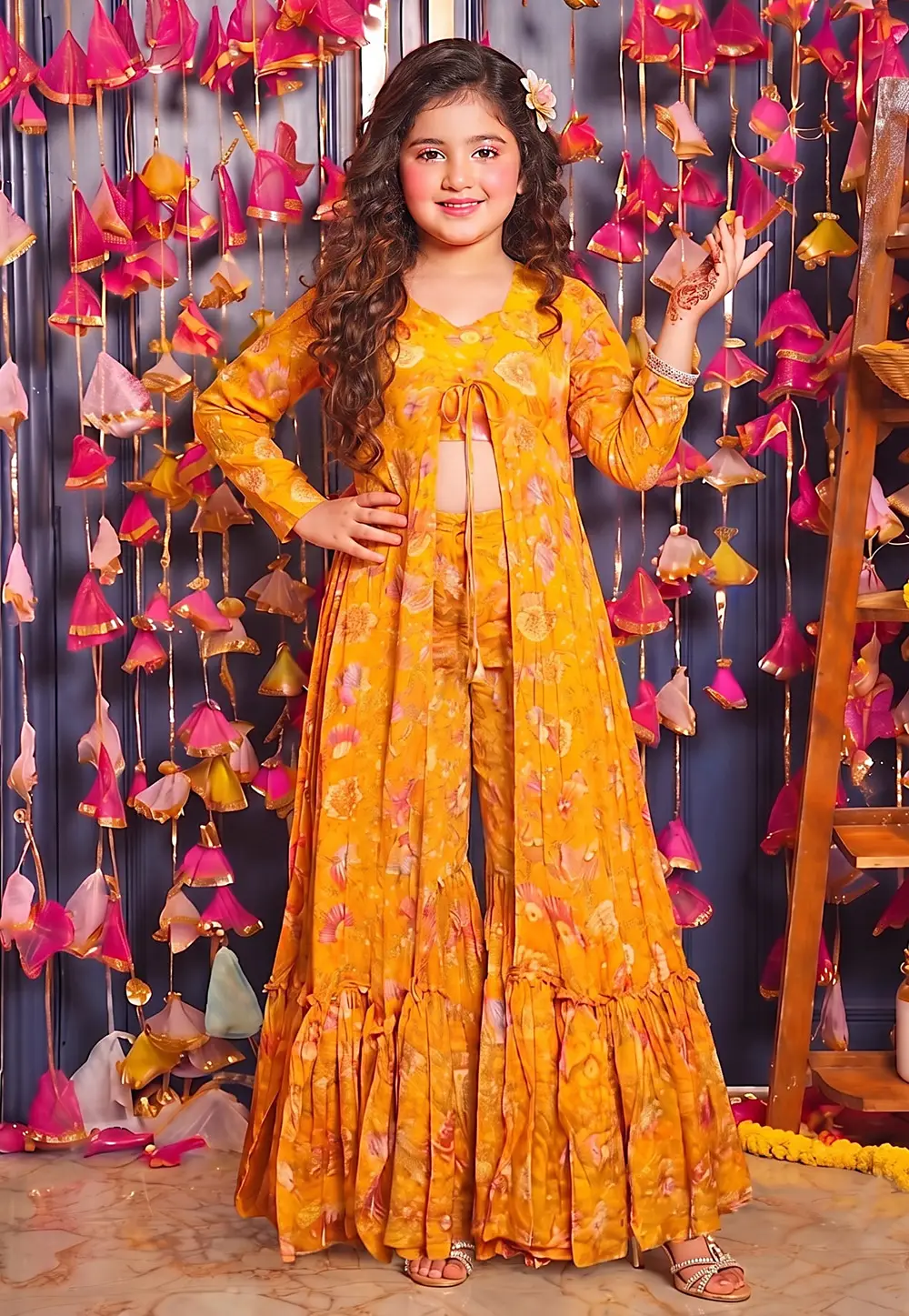 Yellow Chinon Girls Sharara With Crop Top 336851