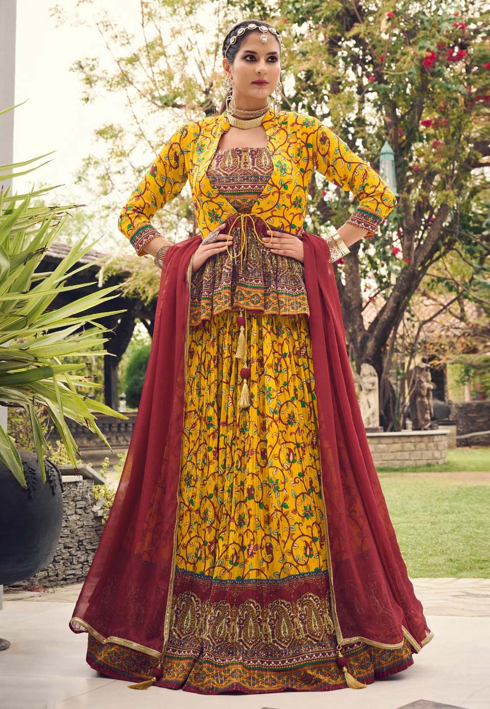 Yellow Chinon Long Choli Lehenga 285919