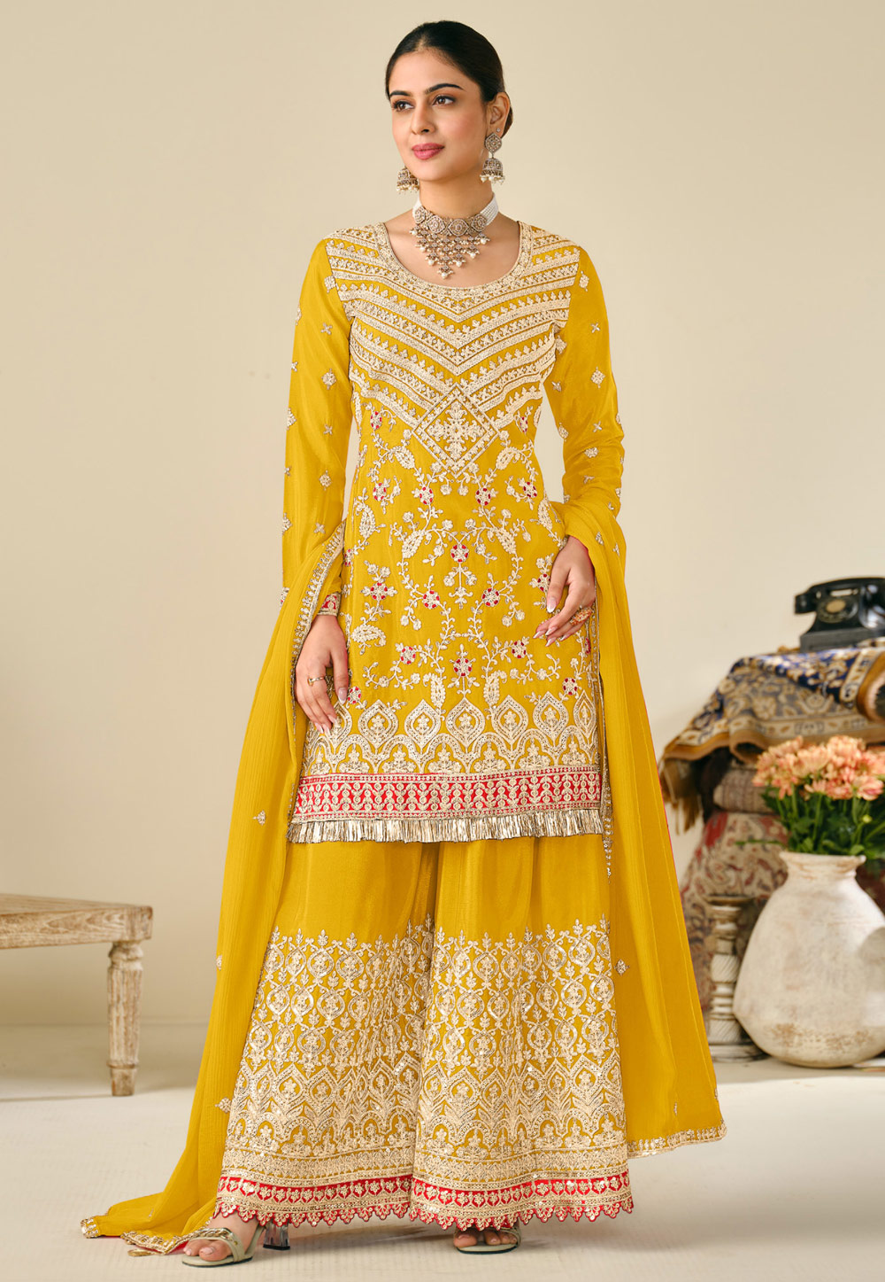 Yellow Chinon Pakistani Suit 307553