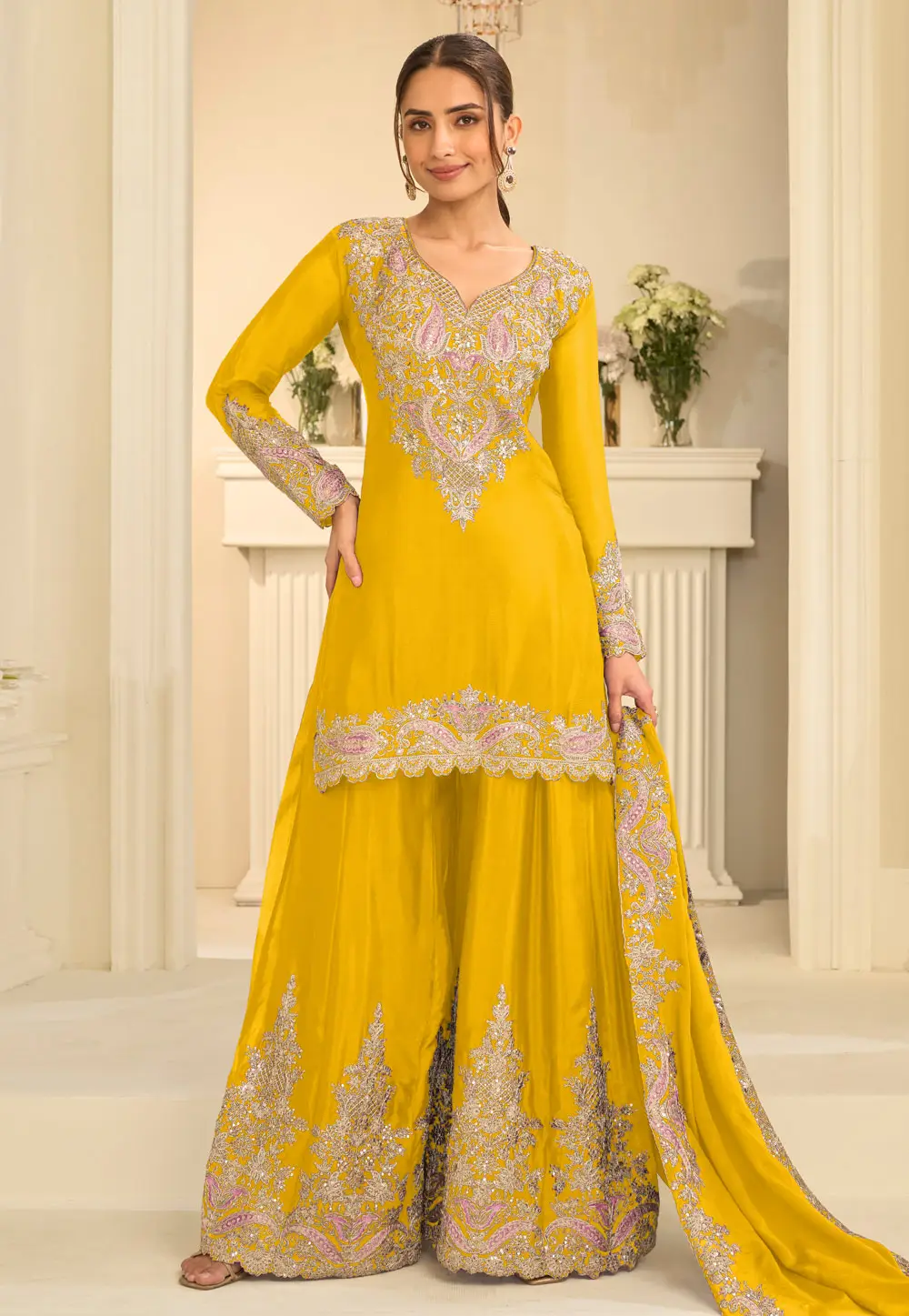 Yellow Chinon Pakistani Suit 335490