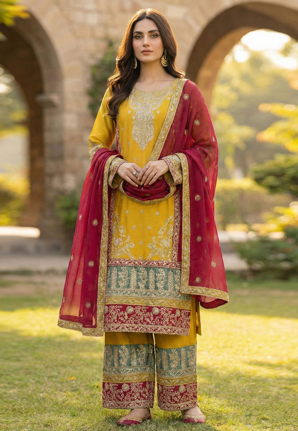Yellow Chinon Palazzo Suit 322212