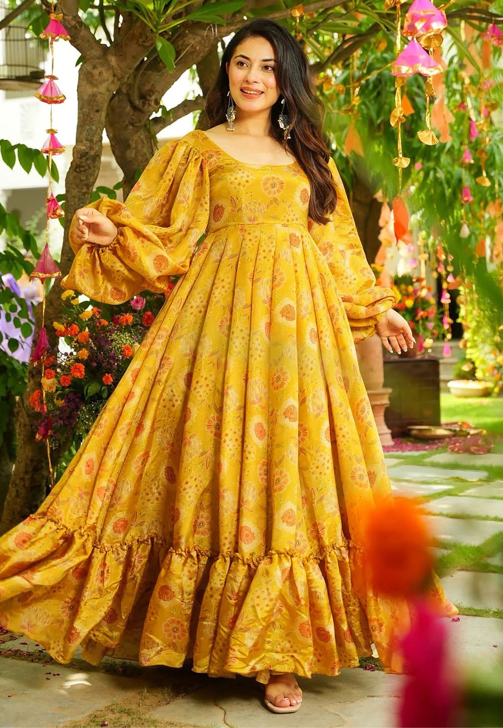 Yellow Chinon Printed Gown 326072