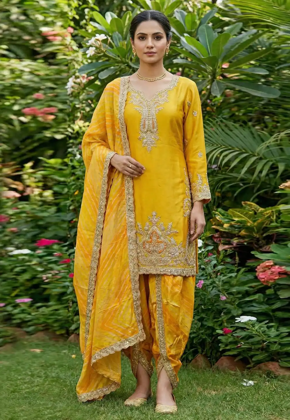 Yellow Chinon Readymade Dhoti Style Suit 321443